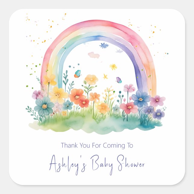 Boho Wildblume Rainbow Baby Dusche Quadratischer Aufkleber (Vorderseite)