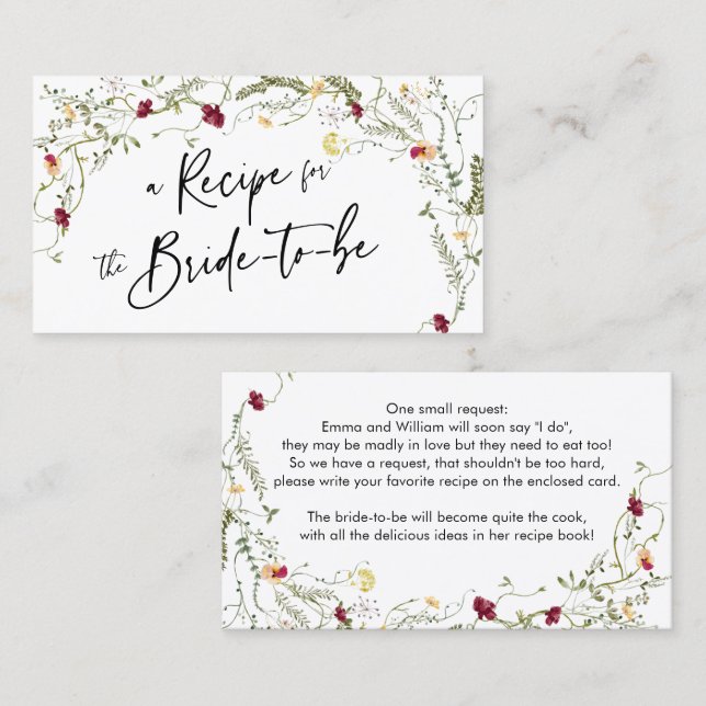 Boho Wildblume Rezpe Bridal Einschließungskarte Visitenkarte (Vorne/Hinten)
