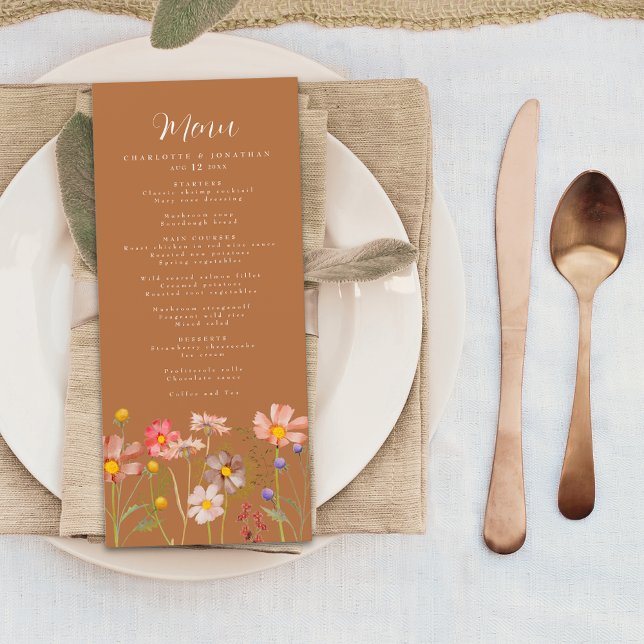 Boho Wildblume Rustikale Hochzeit im Herbst Menükarte (Terracotta boho rustic floral fall wedding elegant script wildflower watercolor)