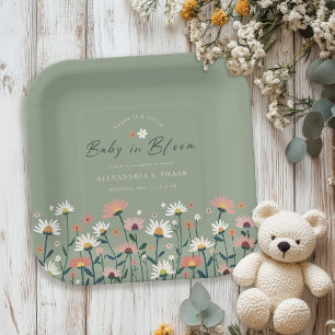 Boho Wildblume Sage Green Baby in Blütendusche Pappteller