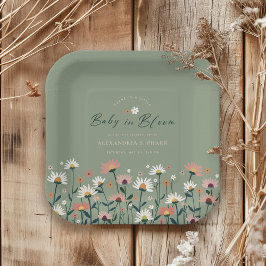Boho Wildblume Sage Green Baby in Blütendusche Pappteller