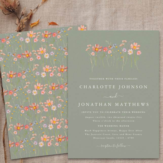 Boho Wildblume Sage Green Wedding Einladung (Wildflower boho fall floral sage green Wedding invitation Watercolor meadow flowers elegant modern)