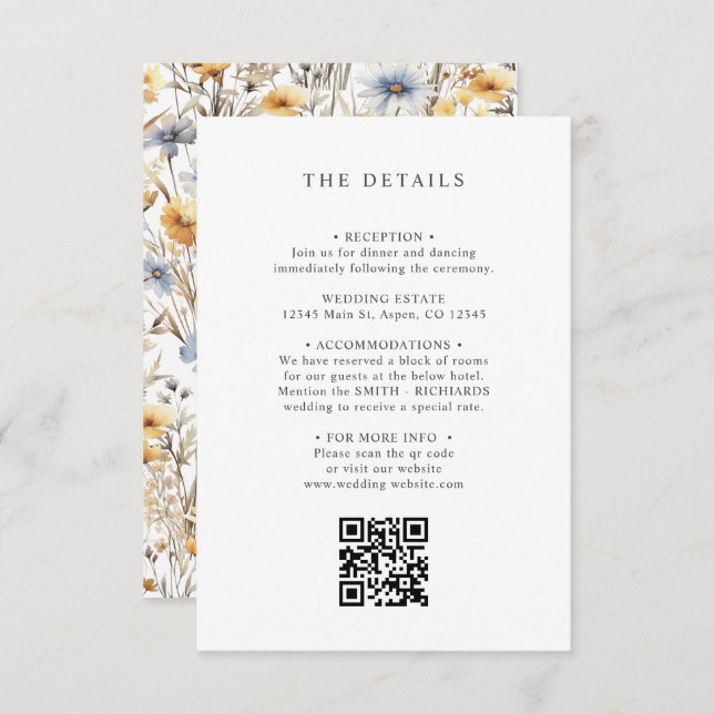 BOho Wildblume Spring WEDING DETAILS QR CODE Begleitkarte (Vorne/Hinten)