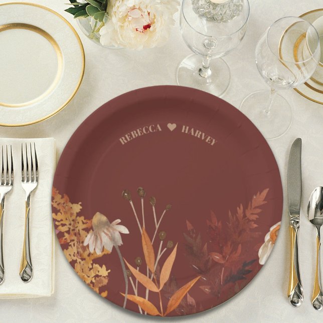 Boho Wildblume Terracotta Herbstliche Hochzeit im  Pappteller (Boho Wildflower Terracotta Autumn Fall Wedding Paper Plates)