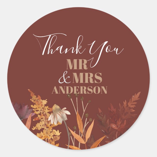 Boho Wildblume Terracotta Herbstliche Hochzeit im  Runder Aufkleber (Vorderseite)