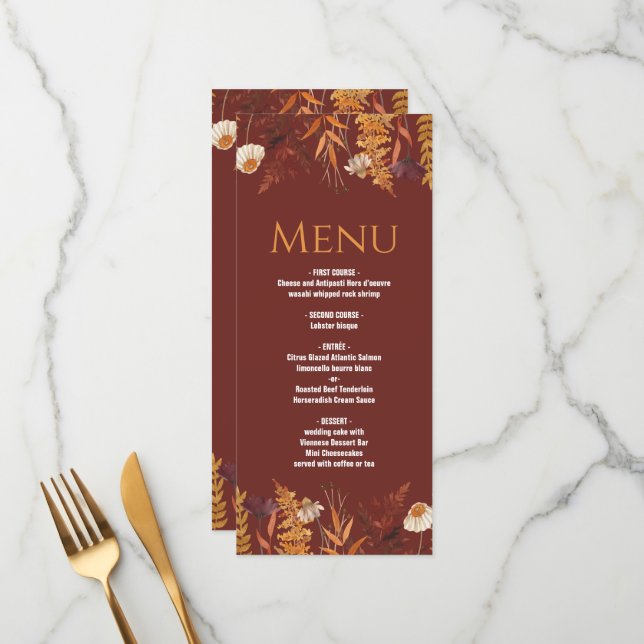 Boho Wildblume Terracotta Herbstmenü Hochzeit Menükarte (Vorderseite/Rückseite Beispiel)