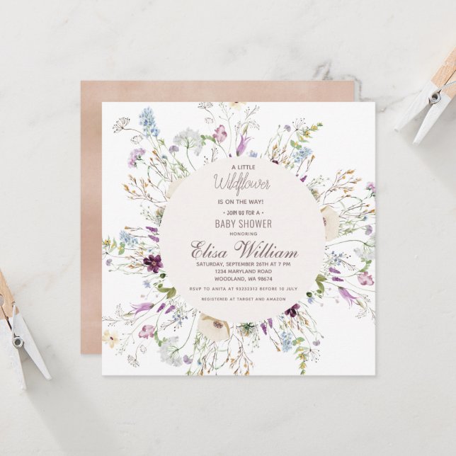 Boho Wildblume Watercolor Babydusche Einladung (Vorderseite/Rückseite Beispiel)