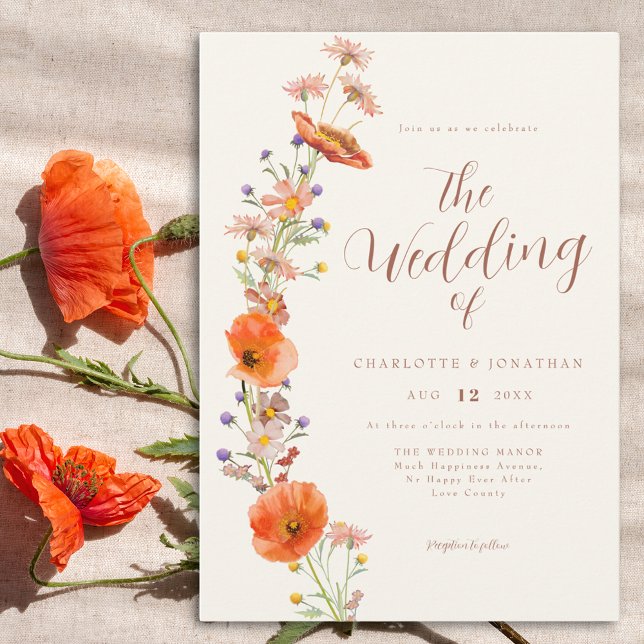 Boho Wildblume Wedding Einladung (Elegant watercolor floral orange wedding invitation)