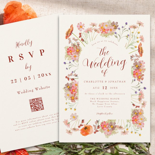 Boho Wildblume Wedding QR Code Einladung (Boho wildflower elegant fall wedding qr code invitation )