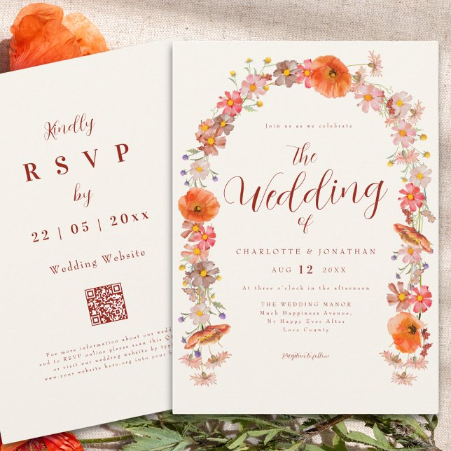 Boho Wildblume Wedding QR Code Einladung (Elegant boho wildflower arch wedding qr code invitation )