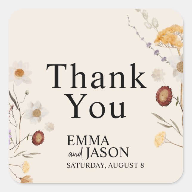 Boho Wildblume Wedding Square Sticker (Vorderseite)