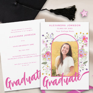 Boho Wildblumen Abschluss Foto Tor Pink Schriftzug Ankündigung
