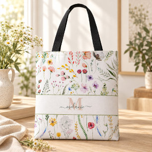 Boho Wildblumen Benutzerdefinierter Name Monogramm Tasche