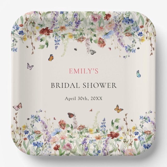 Boho Wildblumen Butterflies Brautparty Pappteller (Vorderseite)