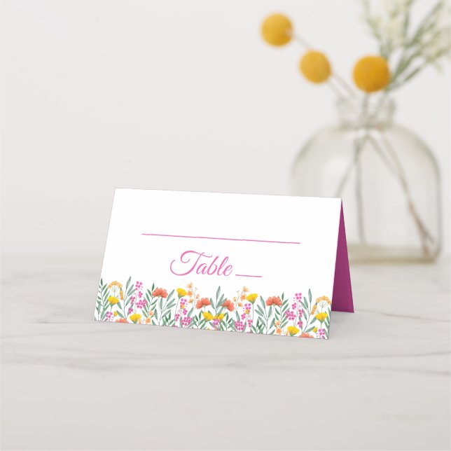 Boho Wildblumen Elegant Rosa Hochzeit Floral Platzkarte (Vorderseite)