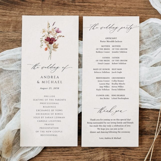 Boho-Wildblumen Elegante Herbsthochzeit Programm (Fall wildflowers boho wedding programs - simple watercolor printed wedding programs - vintage text.)