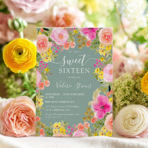 Boho-Wildblumen Eukalyptus-Wasserfarbe Sweet 16 Einladung