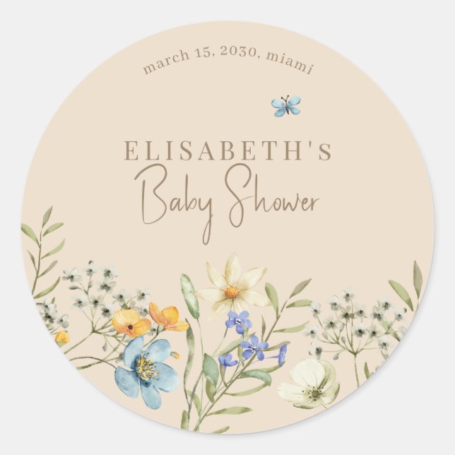 Boho Wildblumen Federbaby Dusche personalisiert Runder Aufkleber (Vorderseite)