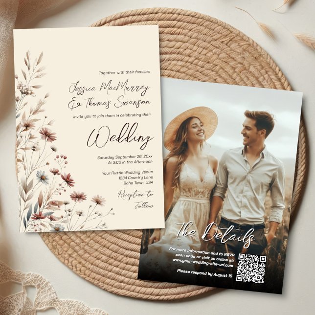 Boho-Wildblumen & Foto Moderne QR-Code-Hochzeit Einladung (Front/Back)