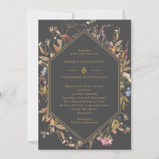 Boho Wildblumen Gray & Gold Geo Frame Wedding Einladung