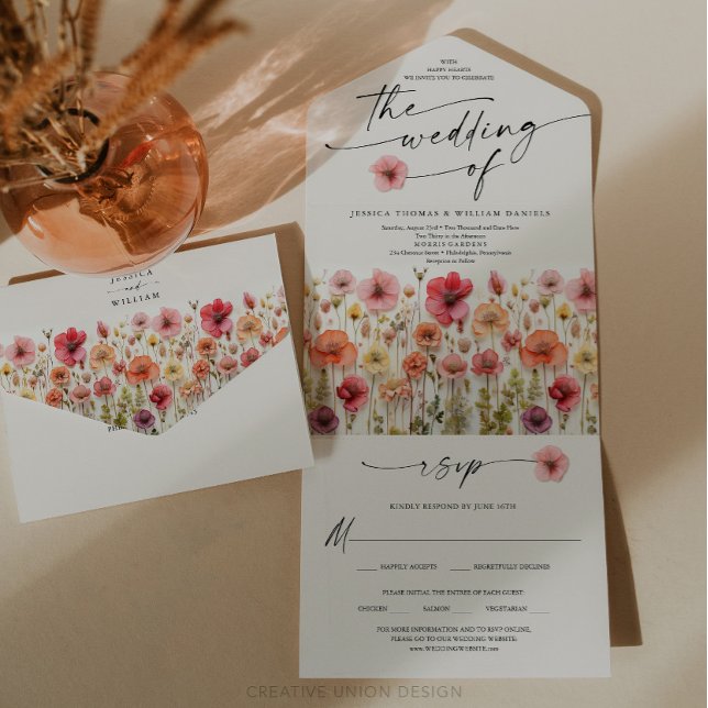 Boho Wildblumen Hochzeit farbenfrohe Blume All In One Einladung (Wildflower Wedding Invite)
