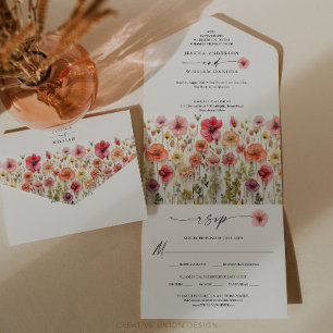 Boho Wildblumen Hochzeit farbenfrohe Blume All In One Einladung