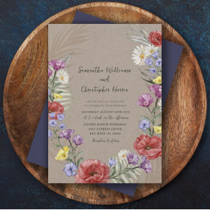 Boho-Wildblumen-Hochzeit in Kraft und Lila Einladung