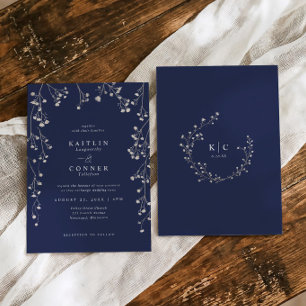 Boho Wildblumen Hochzeit in Navyblau mit Baby's Br Einladung