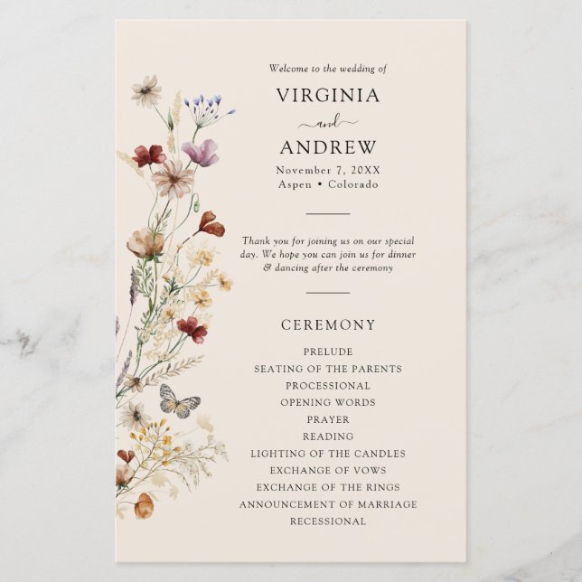 Boho-Wildblumen-Hochzeitsprogramm (Vorderseite)