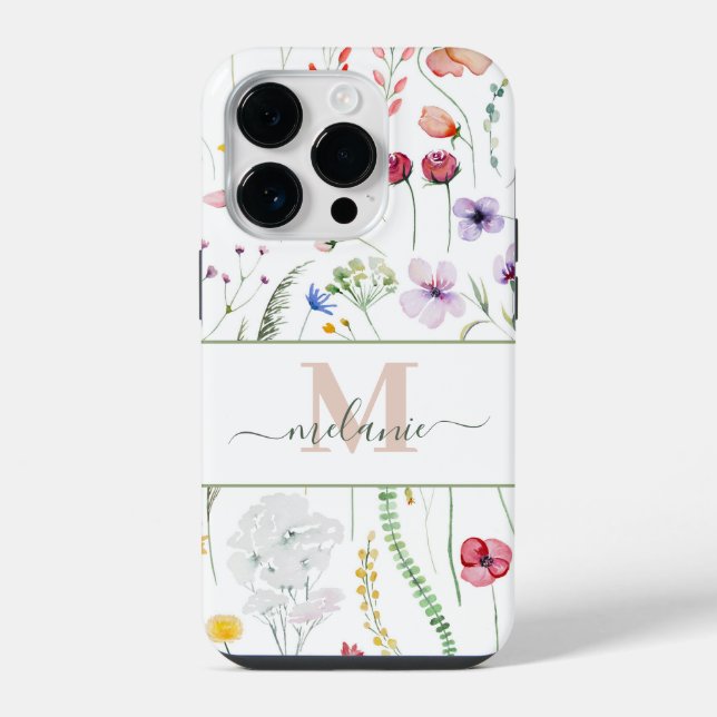 Boho Wildblumen Individuelle Name Monogram iPhone 14 Pro Hülle (Rückseite)