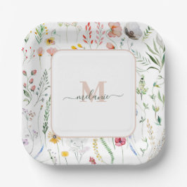 Boho Wildblumen Individuelle Name Monogram Pappteller
