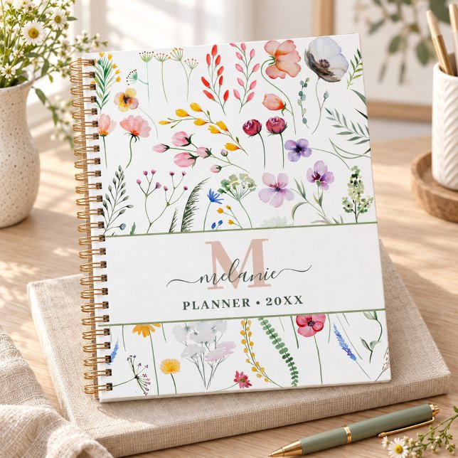 Boho Wildblumen Individuelle Name Monogram Planer (Boho Wildflowers Custom Name Monogram Planner)
