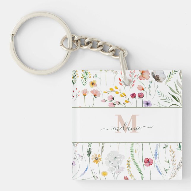 Boho Wildblumen Individuelle Name Monogram Schlüsselanhänger (Vorderseite)