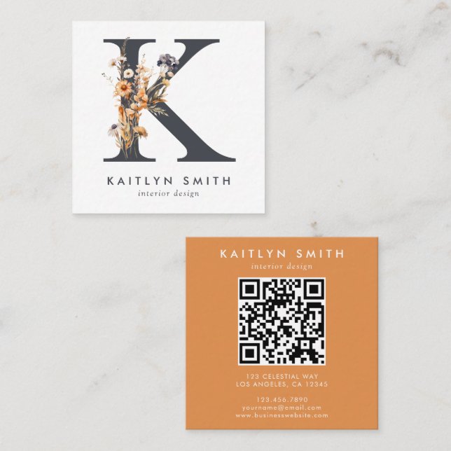 Boho-Wildblumen Initial K QR-Code Quadratische Visitenkarte (Vorne/Hinten)