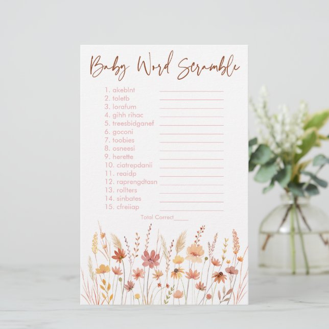 Boho Wildblumen Kinderdusche Word Scramble Game (Stehend Vorderseite)