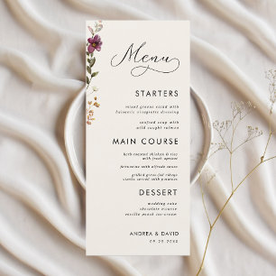 Boho Wildblumen Monogram Wedding Three Course Menükarte