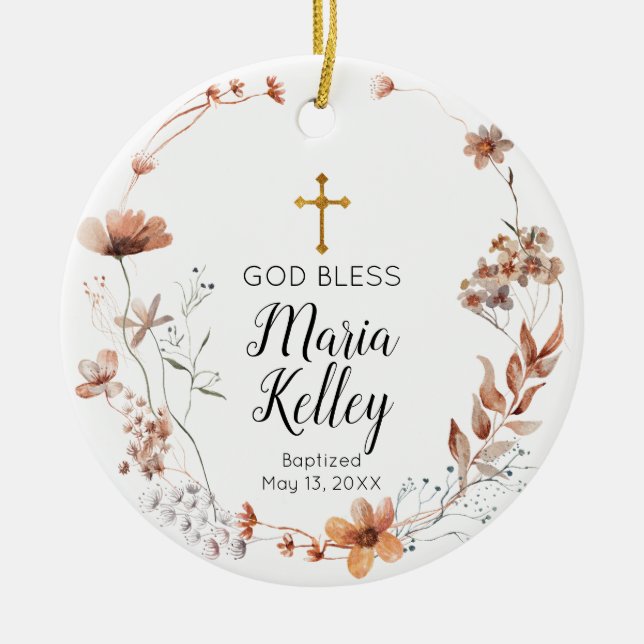 Boho Wildblumen Personalisierte Girl-Taufe Keramik Ornament (Vorne)