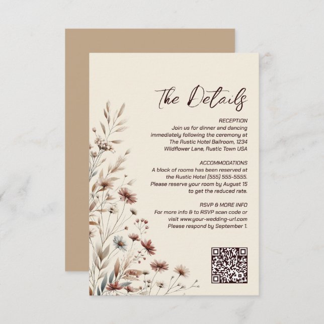 Boho Wildblumen QR Code Hochzeitdetails Kleine Begleitkarte (Vorne/Hinten)