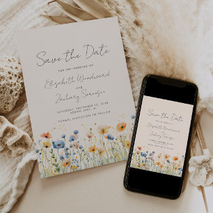 Boho-Wildblumen-Rand Orange Blau Hauch Hochzeit Save The Date