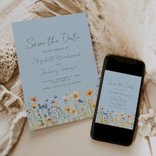 Boho-Wildblumen-Rand Orange Staubblau Hochzeit Save The Date