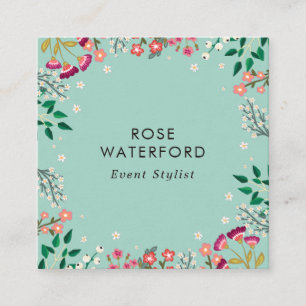 Boho Wildblumen - Robins Ei Blau Quadratische Visitenkarte