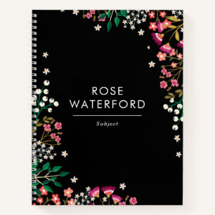Boho Wildblumen - Schwarz - Name Notizbuch