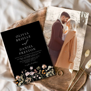 Boho Wildblumen Schwarz Weiß Foto Gartenhochzeit Einladung
