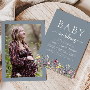 Boho-Wildblumen-Staubblau-Foto-Baby-Party Einladung