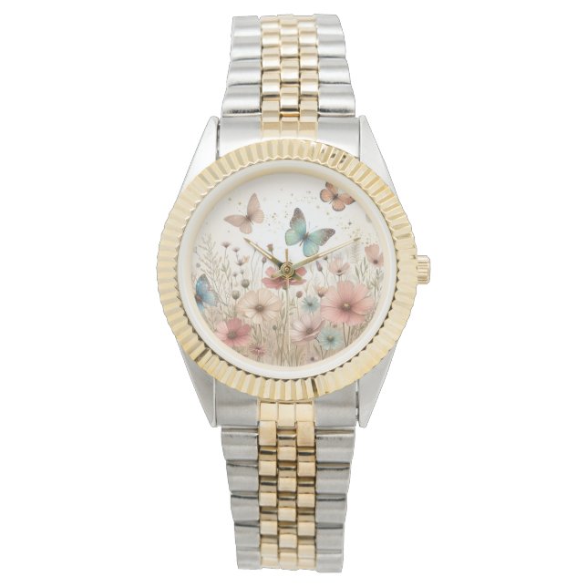 Boho Wildblumen und Schmetterlinge Armbanduhr (Vorderseite)
