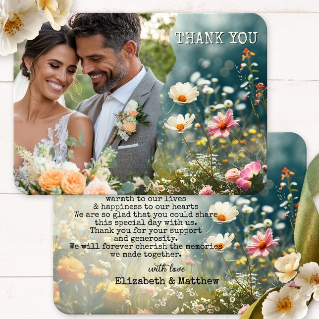 Boho Wildblumen Wedding Foto Vielen Dank Dankeskarte (Wedding Thank You card featuring your custom photo framed by a bohemian design with wildflowers.)