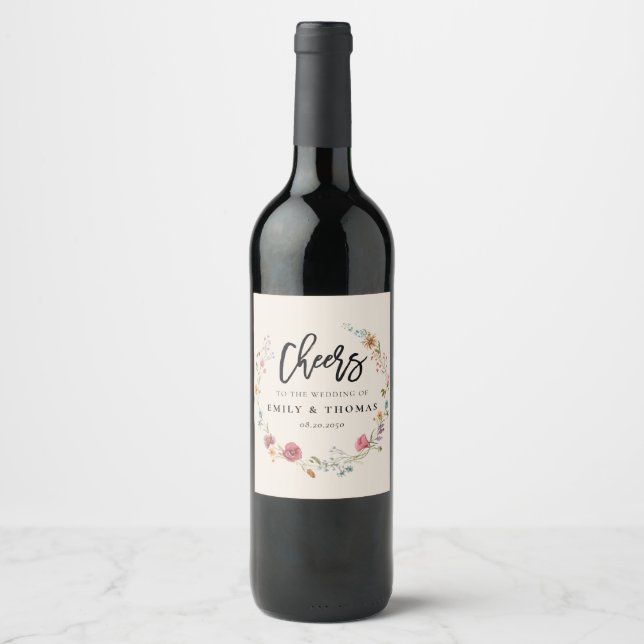 Boho Wildblumen Wedding Wine Label Weinetikett (Vorderseite)