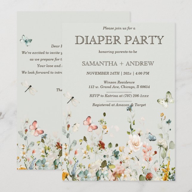 Boho Wildblumen Windelparty Vorlage (Vorne/Hinten)