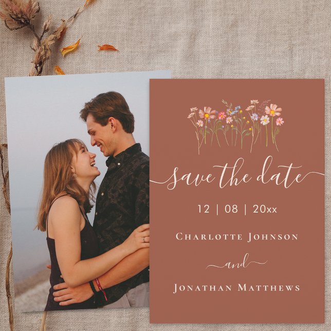 Boho-Wildblumenwiese Foto-Hochzeit Save The Date (Elegant boho Wildflower meadow beige terracotta photo Wedding save the date card)
