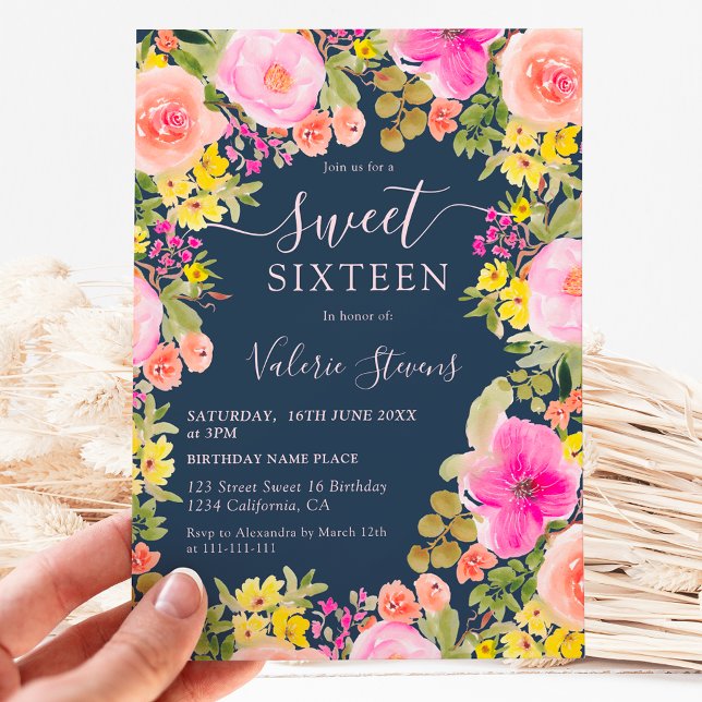 Boho wilde Blume Gartenwasserfarbe Süß 16 blau Einladung (Boho wild flowers garden watercolor Sweet 16 Invitation on navy blue)